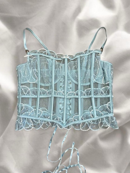 Lounge Tops - Sheer Lace Bustier Crop Top in Light Blue